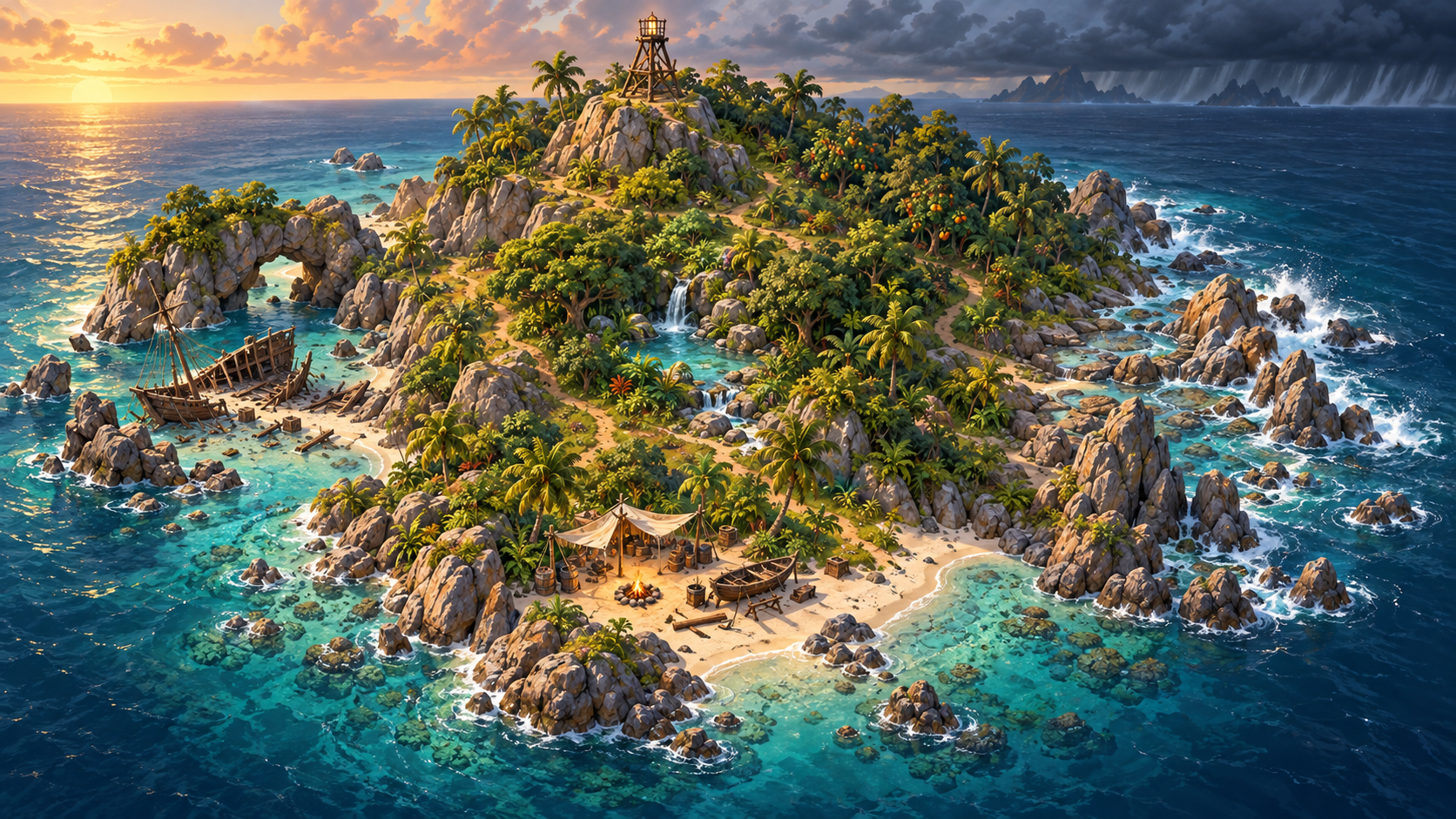 An illustrated island with a beach camp, shipwreck cove, freshwater spring, jungle, rocky coast and signal ridge