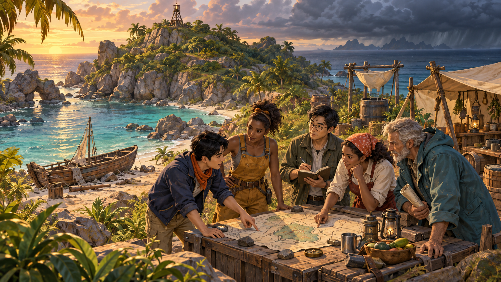 Concept art of the five island survivors planning together
